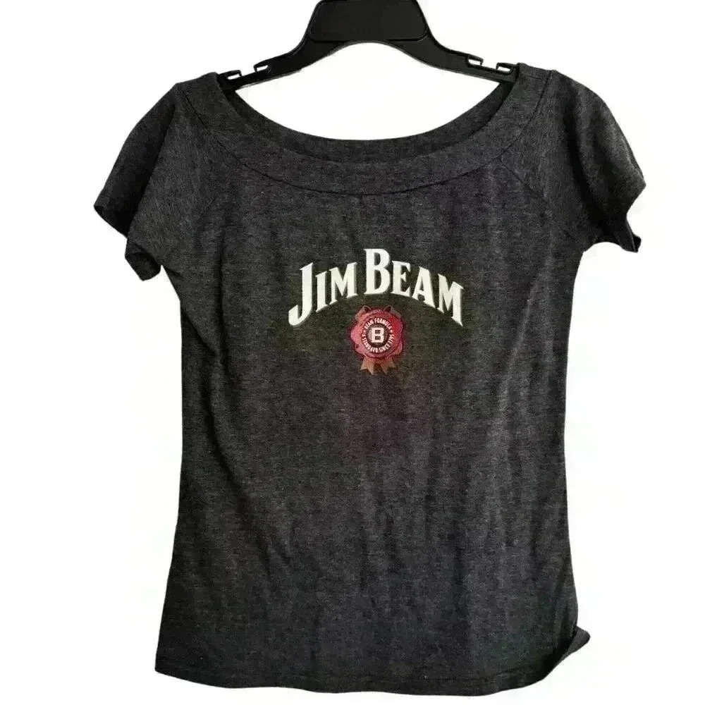 Jim Beam Graphic T-Shirt Off Shoulder Gray Short Sleeve Top Large‎